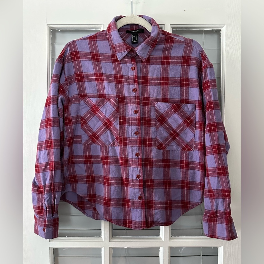 Forever 21 Women’s S Purple Red Flannel Button Up Long Sleeve Shirt | SKU 0890